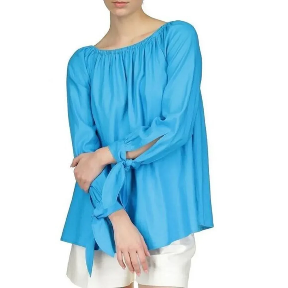 Michael Kors Blue Off Shoulder Tie Sleeve Blouse Boho Peasant Top size M